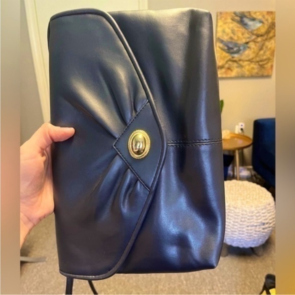 5/$75 Vintage Classic Blue Vegan Leather evening bag with gold Cabochon Stone 5